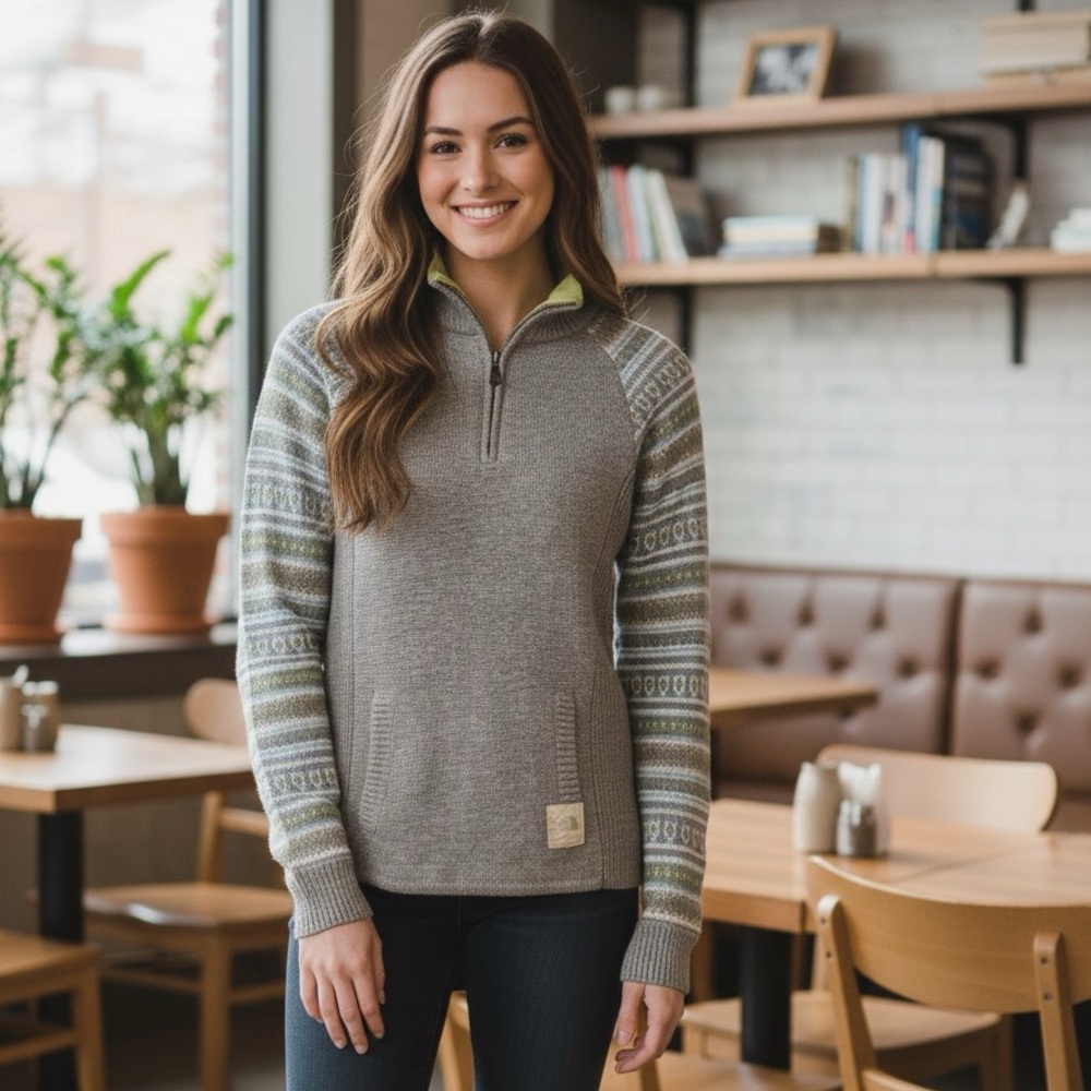 The North Face Wool Blend Grey and Fairisle Raglan 1/4 Zip Sweater Size XS